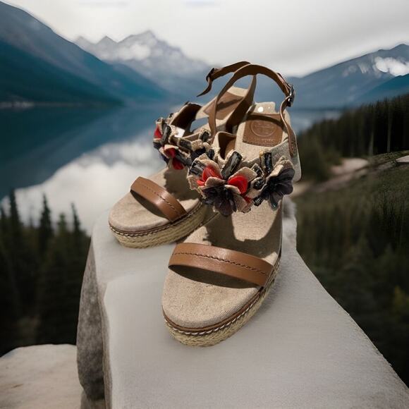 Tory Burch Canvas Leather Espadrille Wedge Sandal Size 8M Beige Brown - Picture 3 of 14